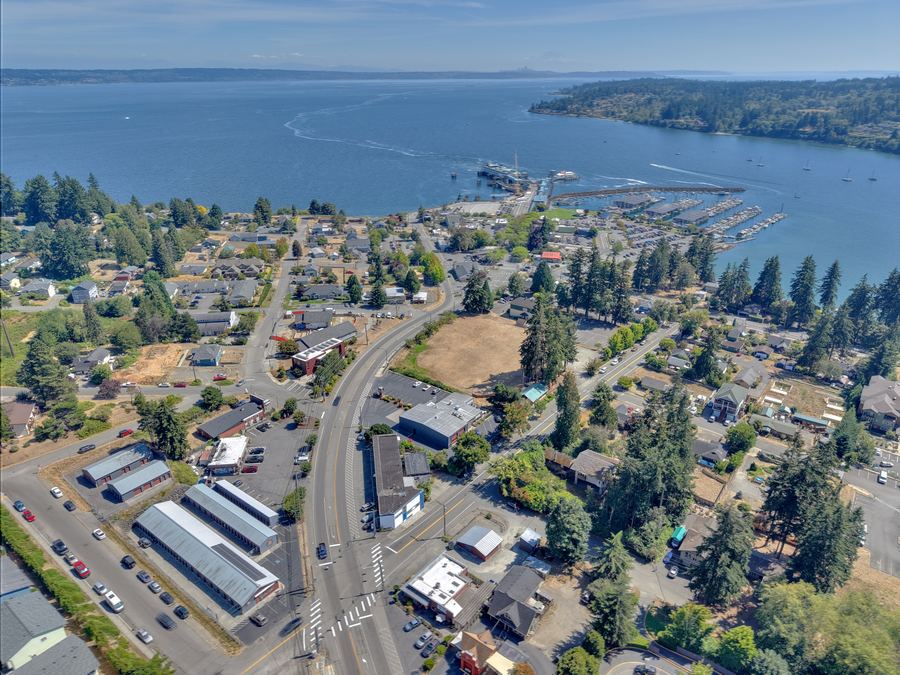 Downtown Kingston, WA from the air, with the Edmonds ferry terminal and marina
